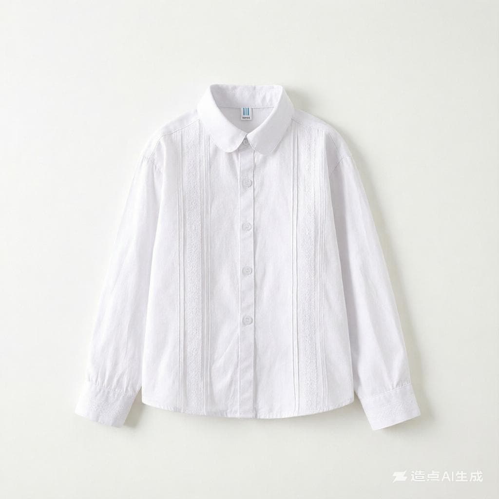 Girls' Pure Cotton White Shirt, Fleece-Lined Long Sleeve School Uniform for Elementary Students, Autumn Winter, Big Kids