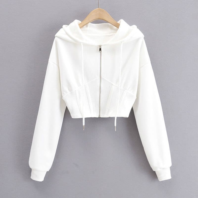 Spring Autumn Style Hoodie Women Zipper New Cardigan Jacket Personality Strip Waist-Defining Hooded Long Sleeve Short Slimming