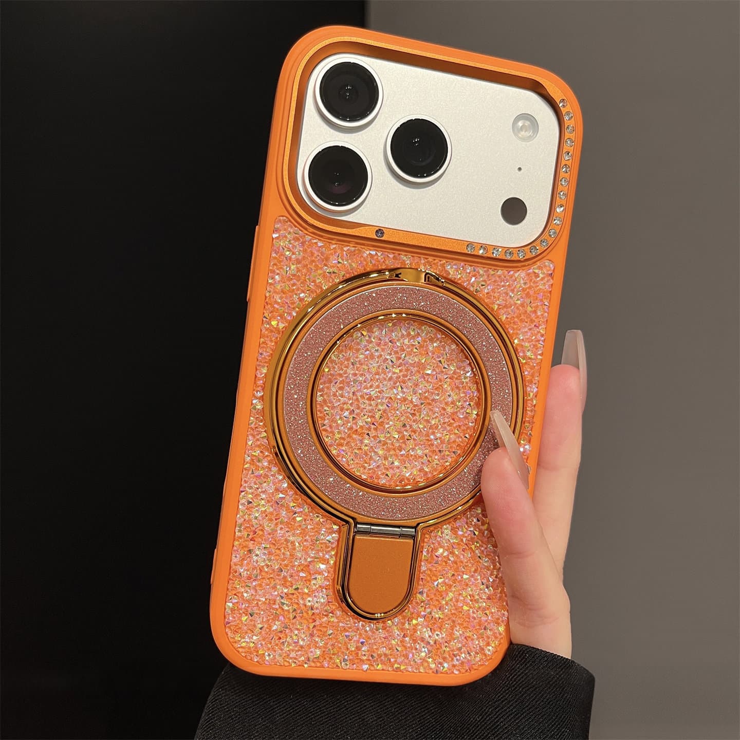 New Apple mobile phone case suitable for iPhone17promax inlaid glitter magnetic bracket 16 anti-fall protection