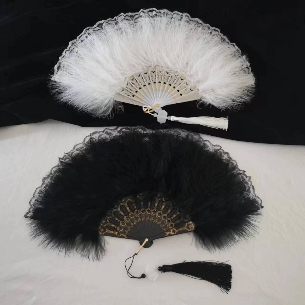 Feather Fan Lolita Dance Cheongsam Catwalk Folding Fan Vintage Internet Celebrity Hanfu Prop Lace Fan