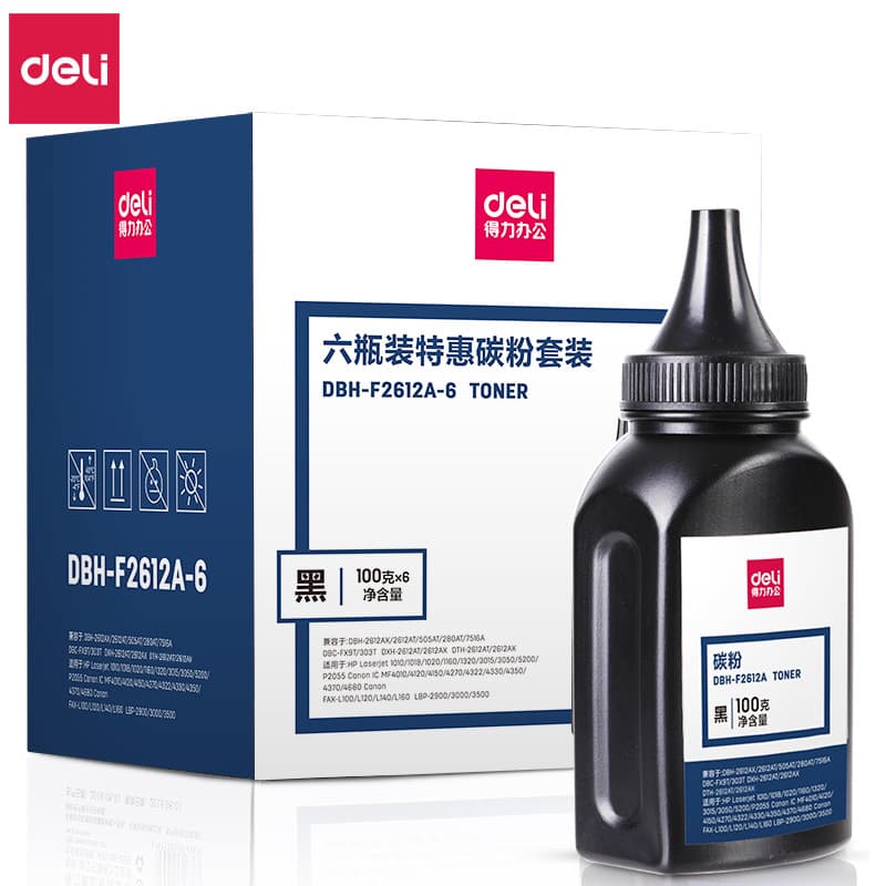 Deli DBH-F2612A Toner 6-Pack 100g/Bottle Black Laser Printer Toner Cartridge Powder