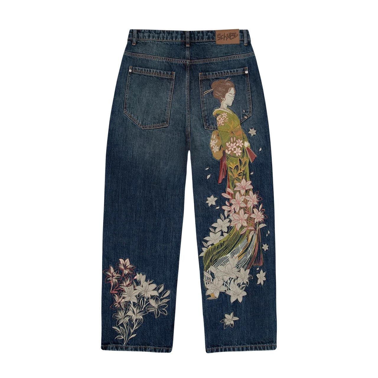 derschutze European and American Retro Plum Blossom Embroidery Straight Leg Pants Unisex Versatile Street Style Jeans for Cross-Border