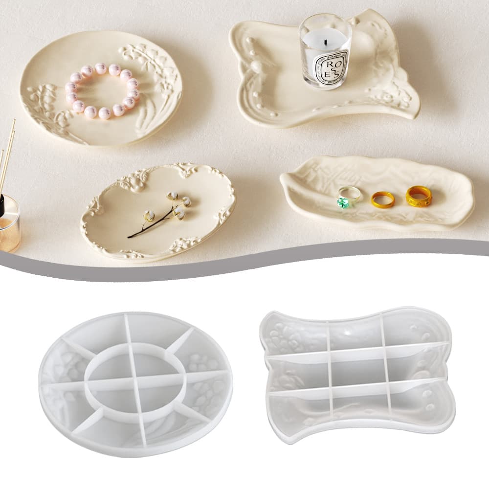 Jumpsuit Leaf Tray Mold DIY European Retro Style Embossed Pattern Oval Square Round Dish Silicone Mold