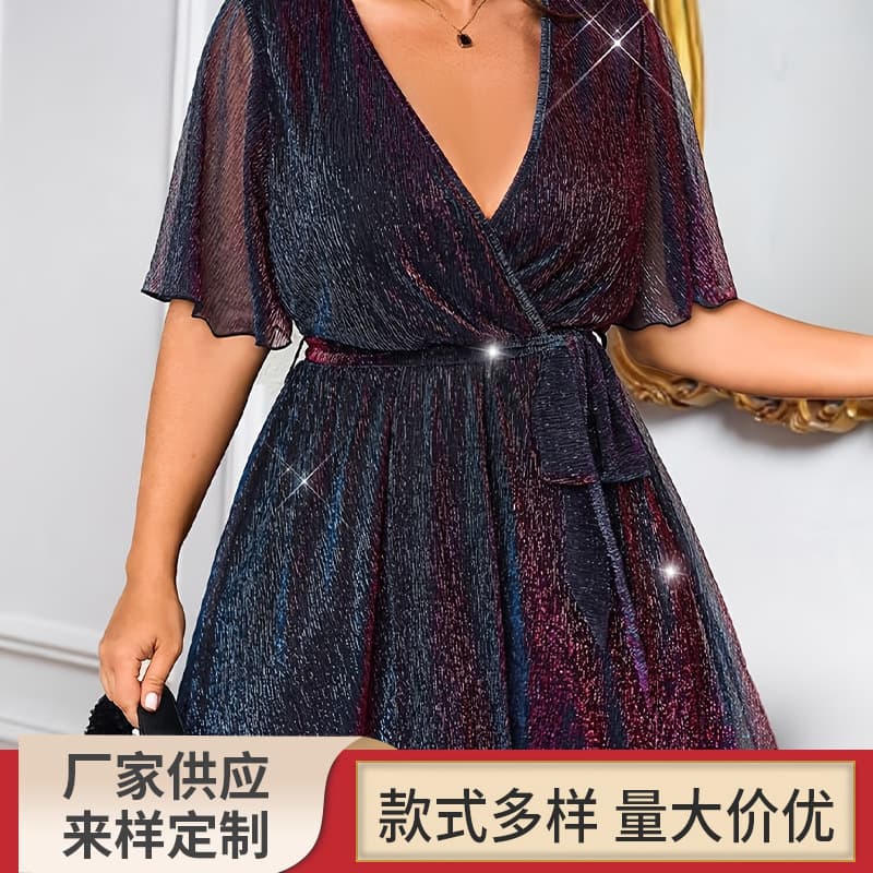 Gradient bright silk V-neck dress for women, waist-cinching, short-sleeved design, slimming and elegant party dress