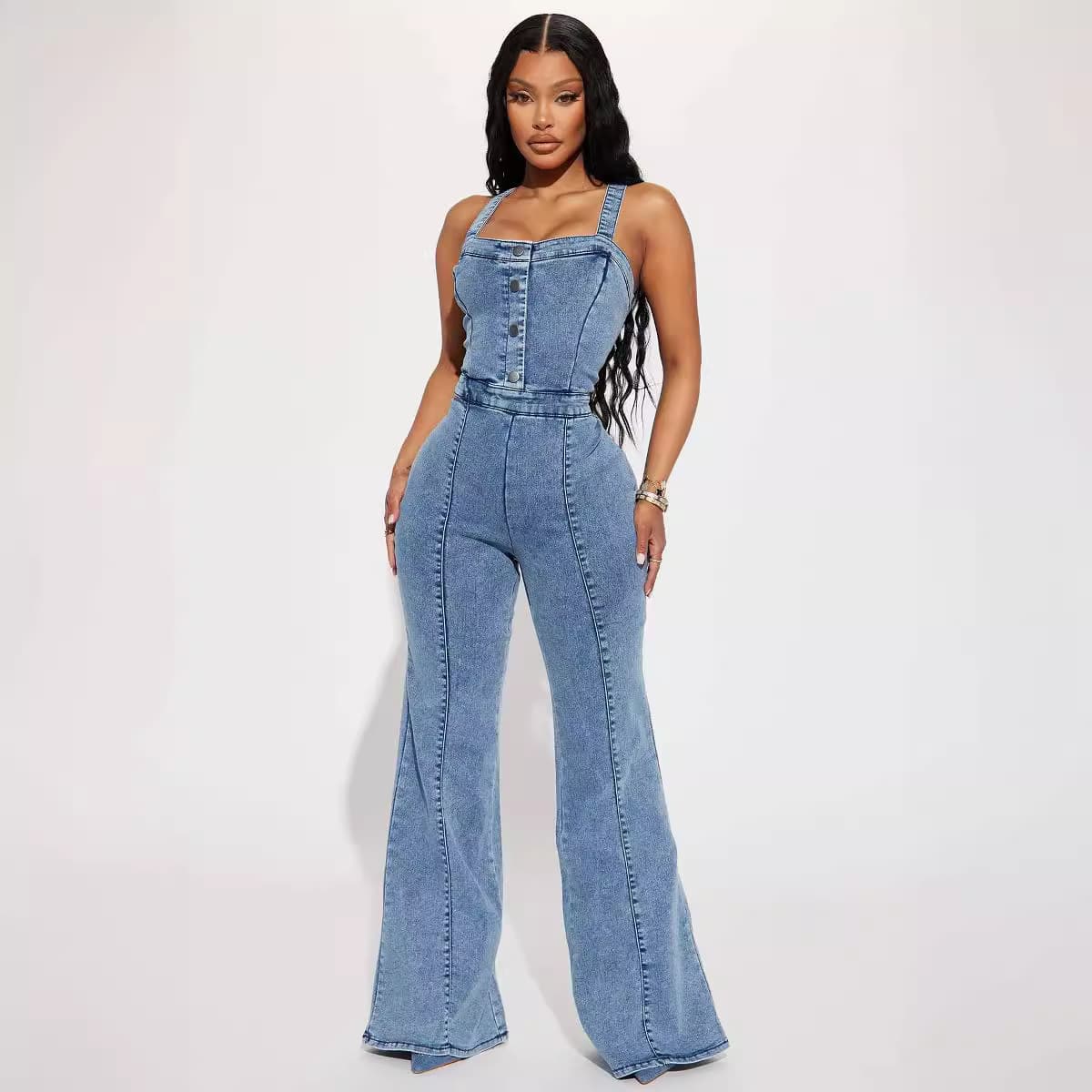 New European and American Denim Jumpsuit for Women, Cross-border Hot-selling Slim Fit Jumpsuit with Waist Cinching, Washed Strapless Jumpsuit