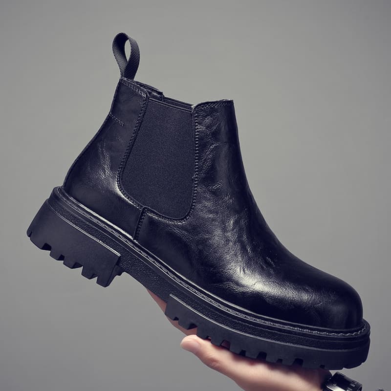 Men's Martin Boots High-Top Leather Shoes British Style Thick Sole Height-Increasing Winter Fleece-Lined Black Motorcycle Soft Leather Mid-Top Boots