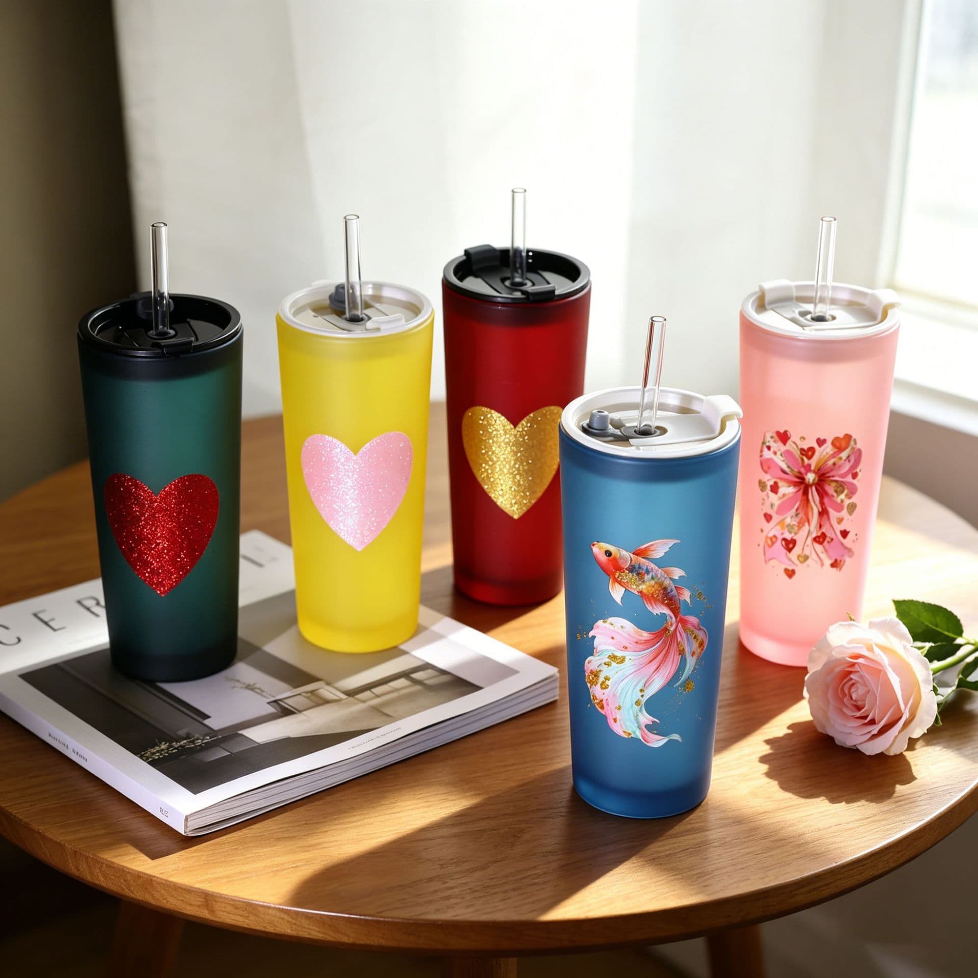 High-Aesthetic Ice Crystal Cup with Colorful Glitter, Iced Americano Latte Glass Cup, Large Capacity with Lid and Straw