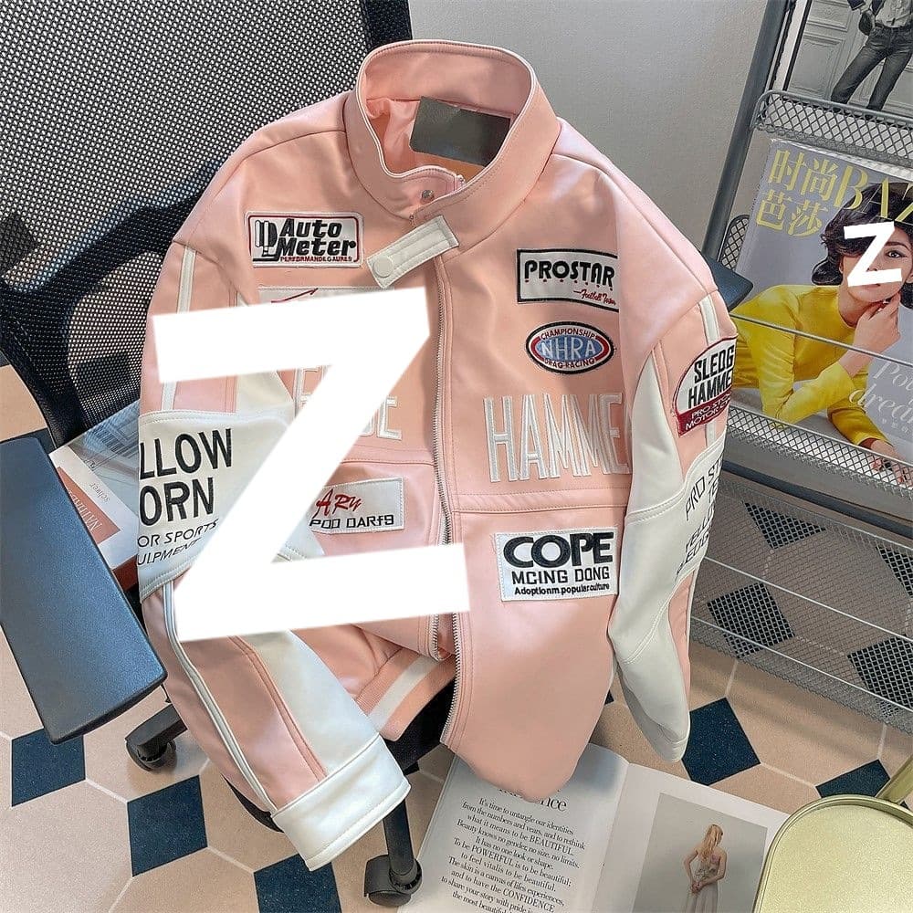 Pink Chic Hong Kong Style Motorcycle PU Leather Jacket Baseball Jacket Women Autumn Winter Vibe National Trend Streetwear High-End Jacket