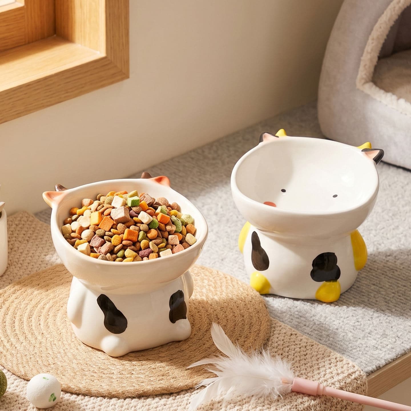 Adorable Cow Ceramic Pet Bowl Elevated Neck Protection Cat Dog Universal Food Bowl Anti-Tip Small Animal Water Bowl