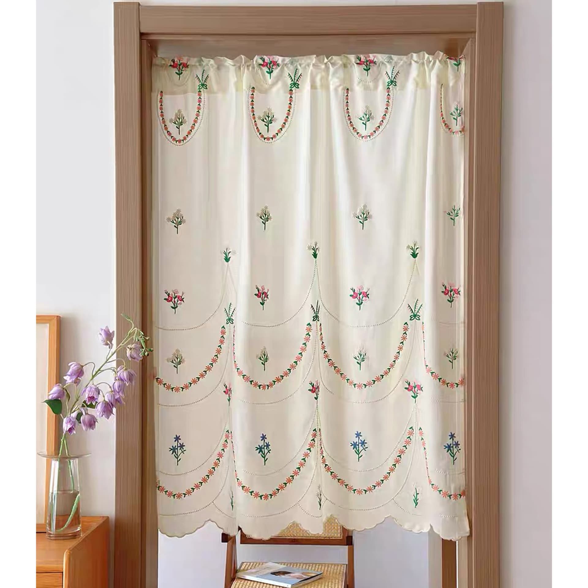 French Vintage Embroidered Door Curtain, Beige, Small Fresh Wave Pattern, Rustic Style, Kitchen Bedroom Partition, Small Curtain Door Curtain