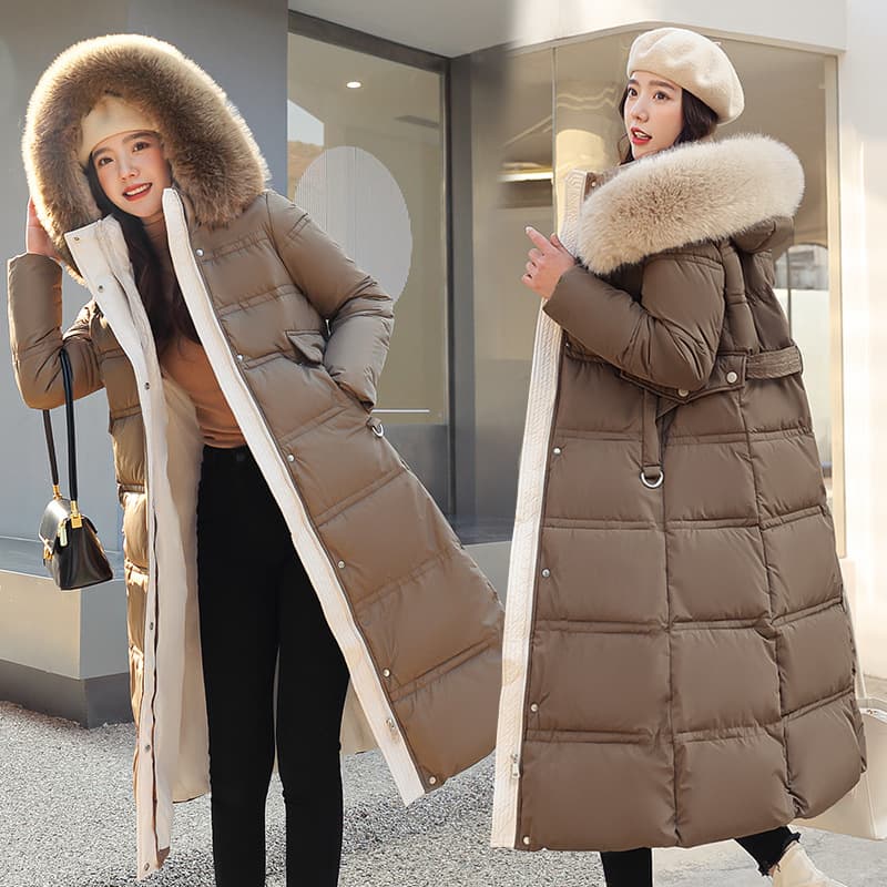 2025 Winter New Women's Thick Long Over-the-Knee Large Fur Collar Hooded Cotton Padded Coat Jacket