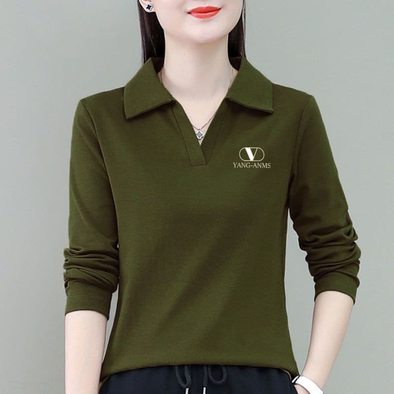Solid color polo collar t-shirt for women, spring and autumn new style, long-sleeved outerwear, base layer top.
