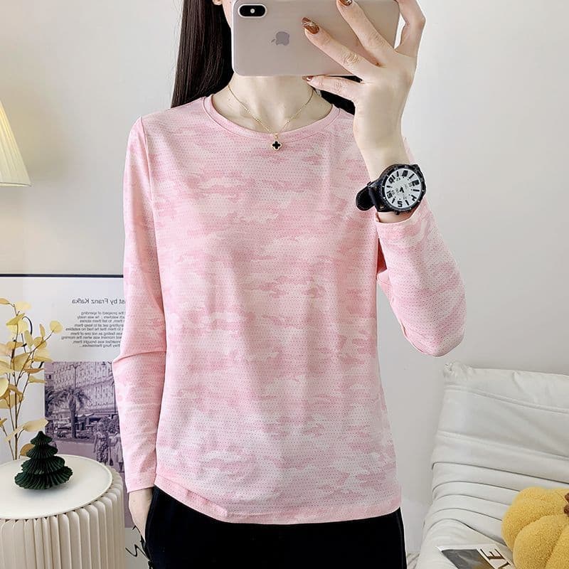 Women's Round Neck Summer Thin Breathable Long Sleeve T-Shirt for Hiking, Sun Protection, Running, and Fitness
