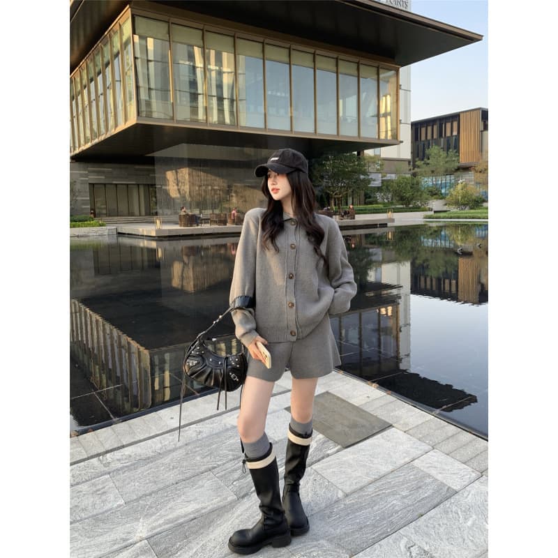 Real photos~ Autumn/Winter Late Autumn Corridor Polo Sweater Thick Cardigan Coat + Knitted Wide-Leg Shorts Set for Women