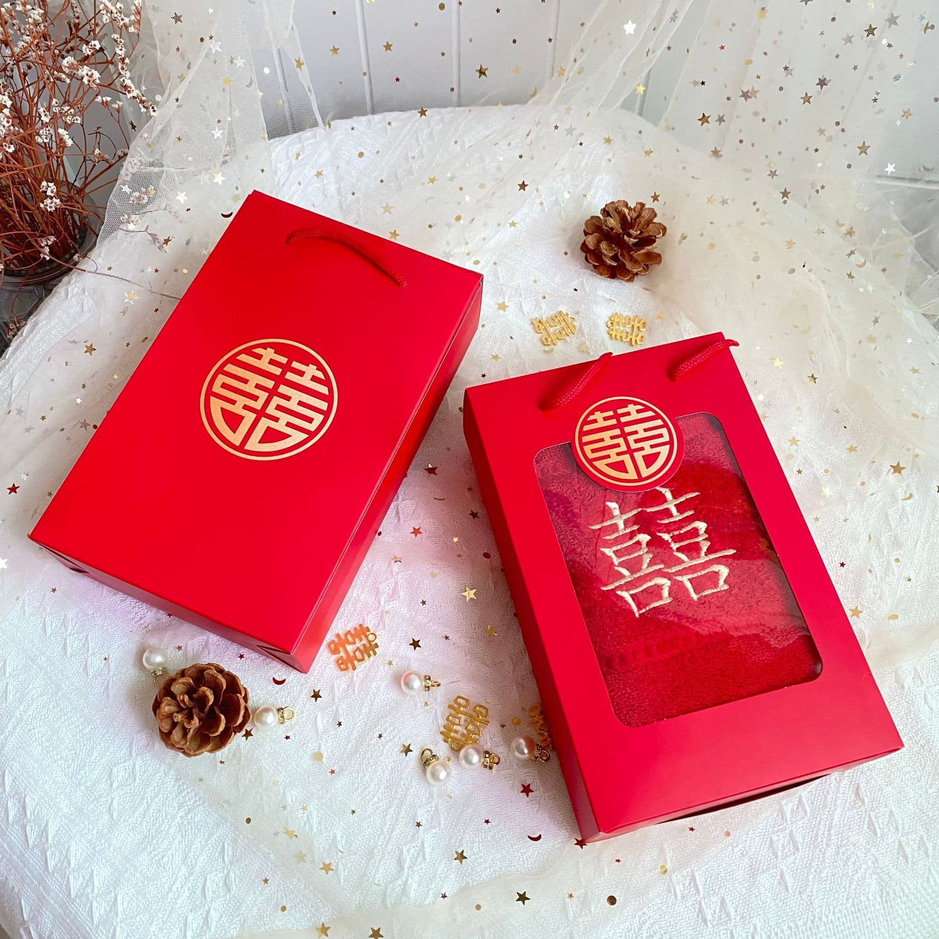 Wedding return gift towel single or double pack box, gift box for 1 or 2 towels, heaven and earth cover box with handle