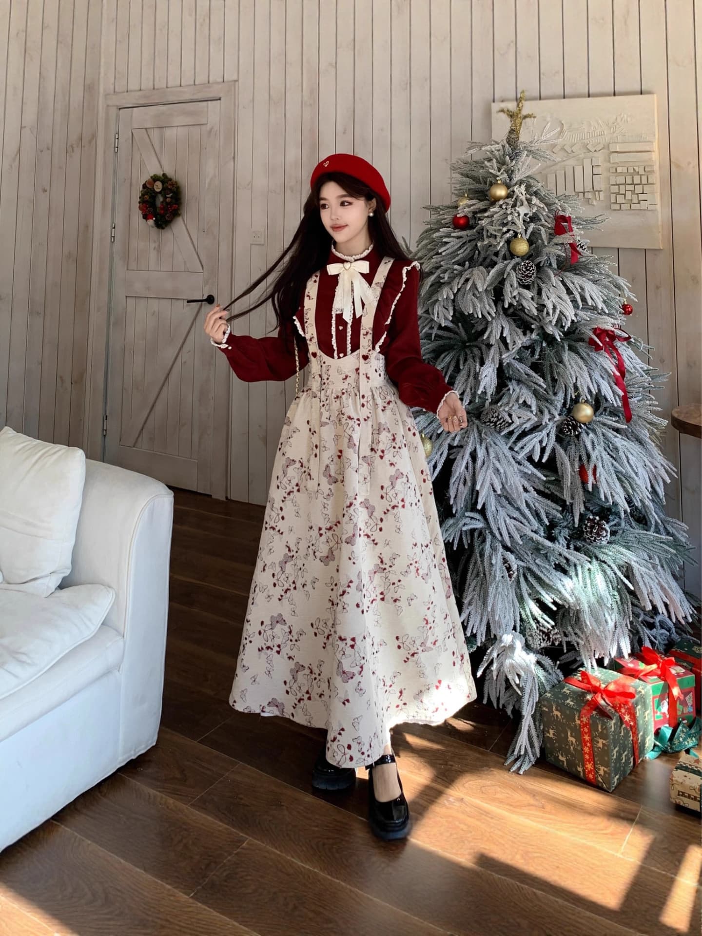 Plus size women's new autumn and winter suit retro jacquard waist strap long skirt + shirt large size two-piece set