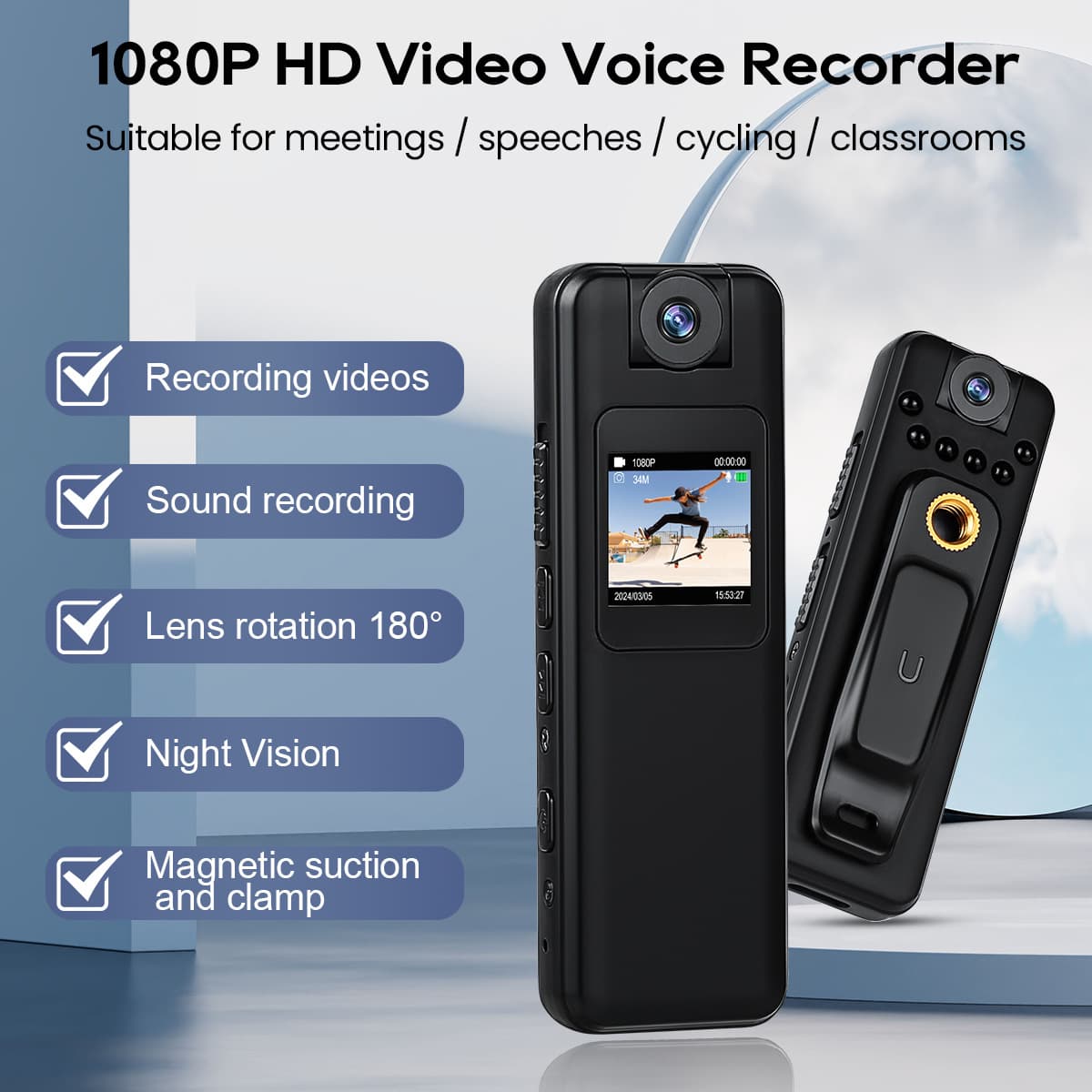 Audio recorder with clip-on screen, outdoor camera with rotating lens, recording and conference recording pen, high-definition action camera