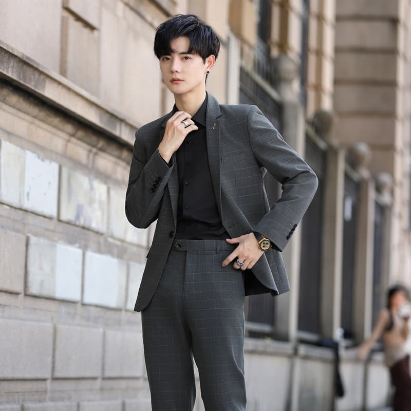 Spring New Men's Clothing Light Mature British Slim Casual Plaid Long Sleeve Blazer Suit Pants Two-Piece Set