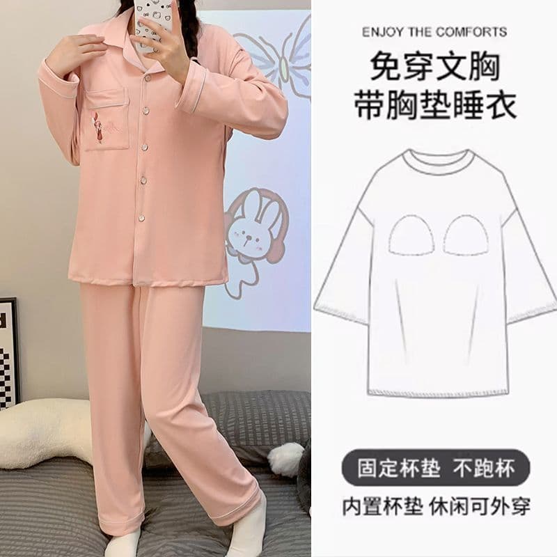 Maternity and postpartum care clothing with breast pads, suitable for autumn and winter, perfect for home use in air-conditioned rooms, warm fleece set.