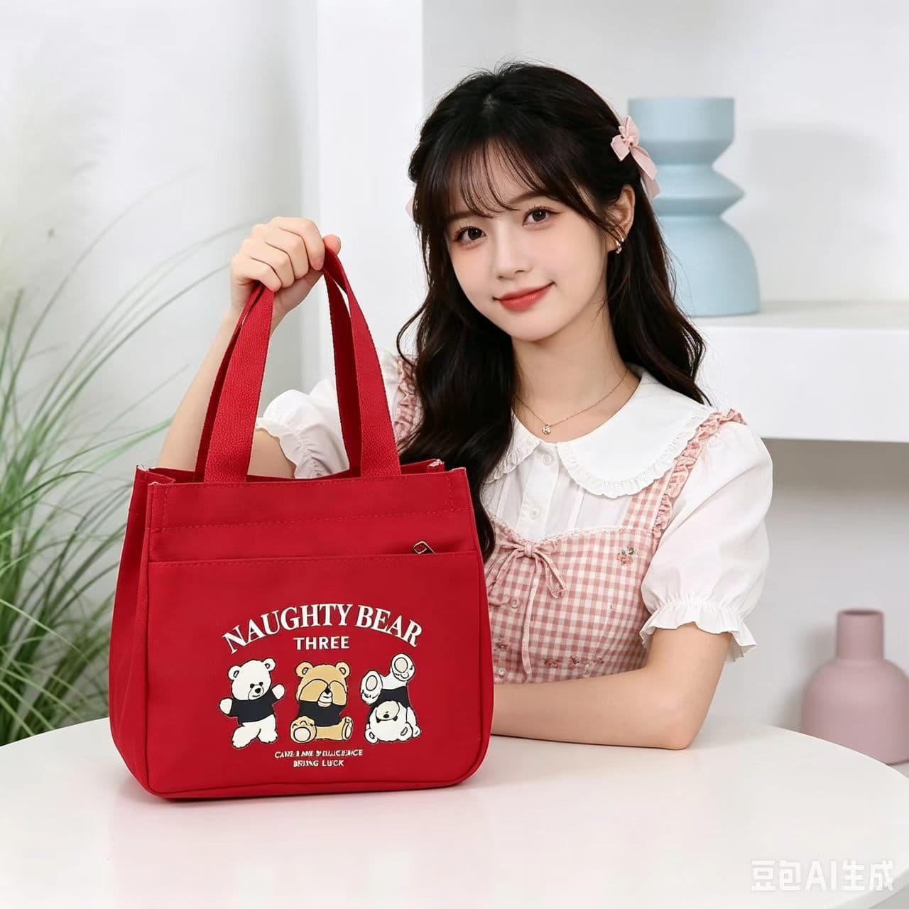 Cross-border new women's bag cartoon bear print handbag women's large capacity lunch box bag office worker handbag wholesale