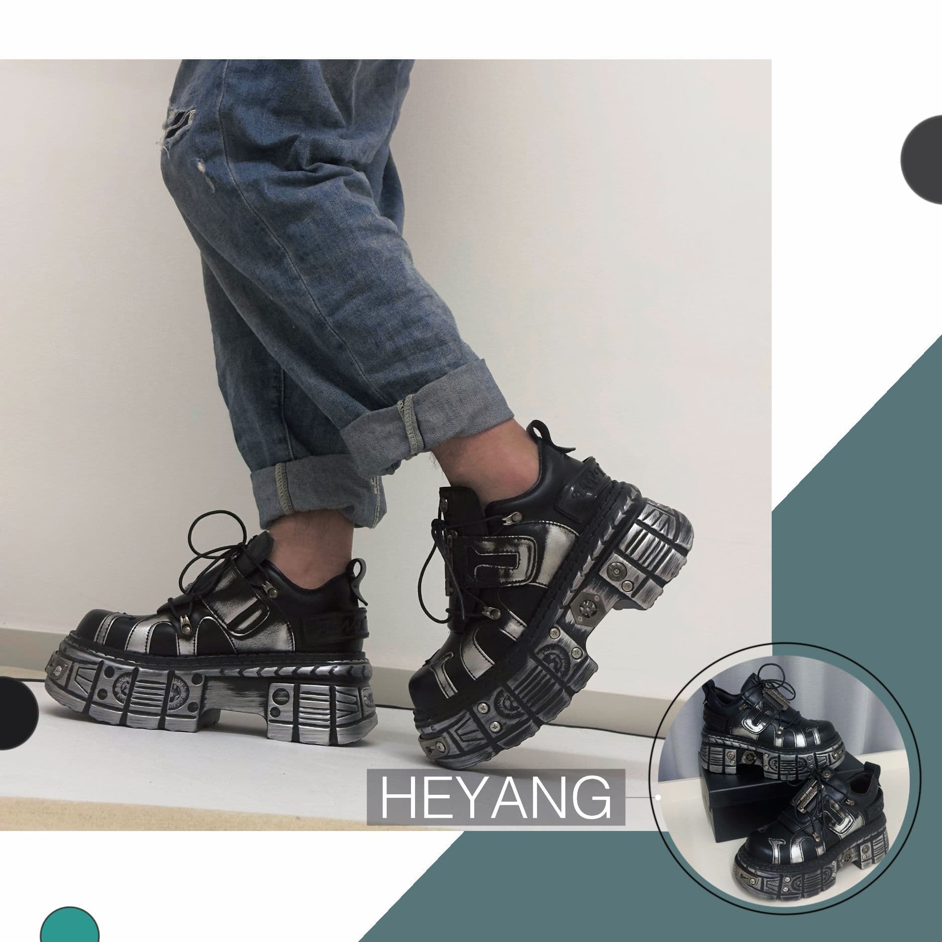 HEYANG platform platform shoes with a metallic punk retro niche design, trendy men's fashion shoes.