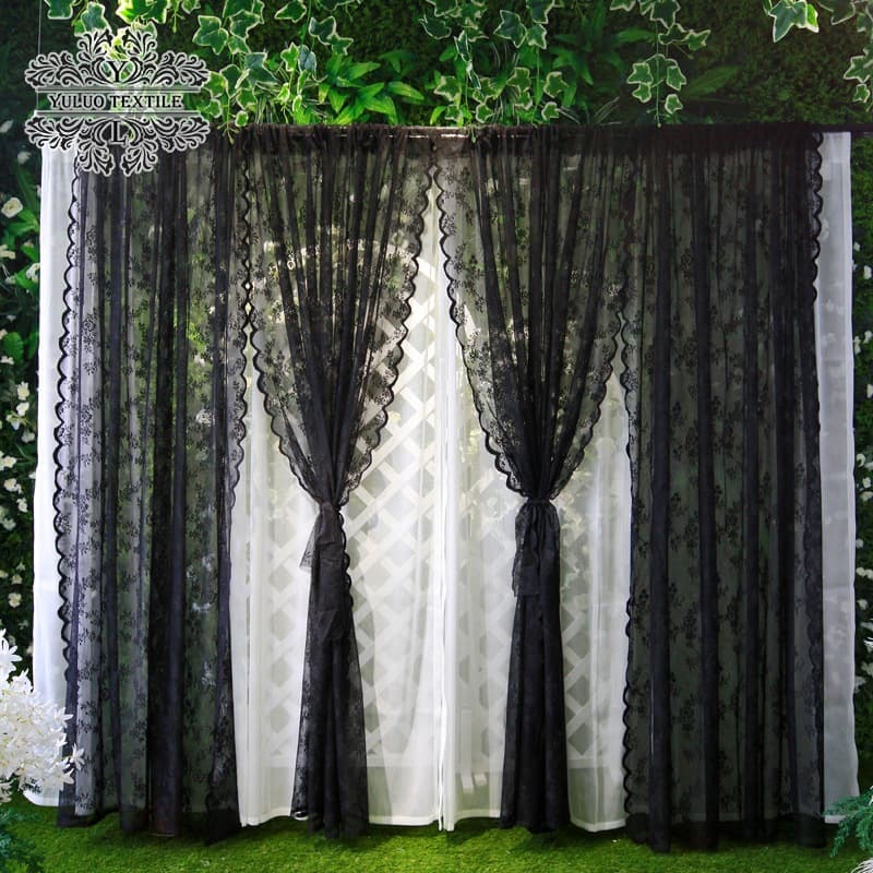 Black Lace Lace Curtain Screen Finished French Country Nordic Retro American Window Screen Black Gauze Fabric