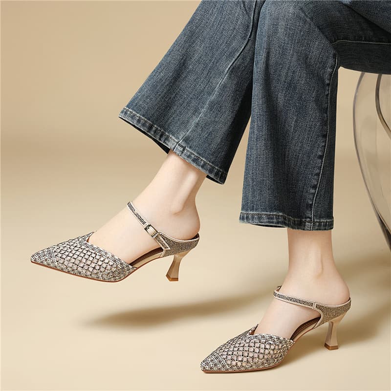 Elegant Pointed Toe Rhinestone Women's Shoes Luxury High Heels Mesh Closed Toe Slim Heel Fashion Single Shoes