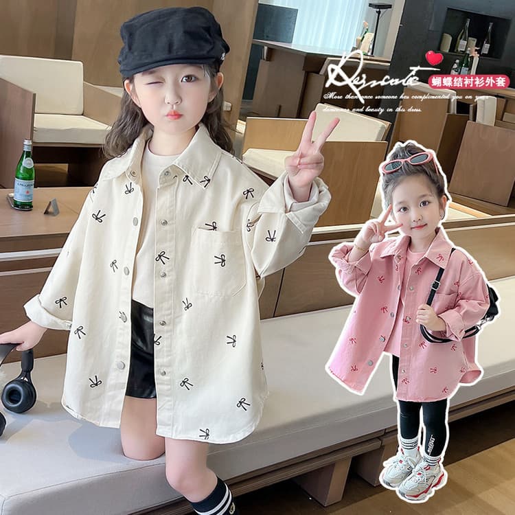 Girls Long Sleeve Shirt Spring Autumn 2025 New Korean Loose Cardigan Top Fashionable Bow Tie Versatile Blouse Trendy