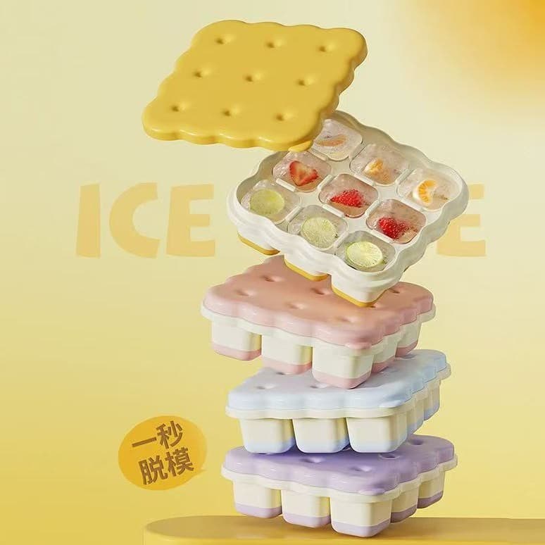 Fun Cookie Silicone Ice Tray Mold with Lid, Press-Type Mini Square Ice Cube Maker for Home