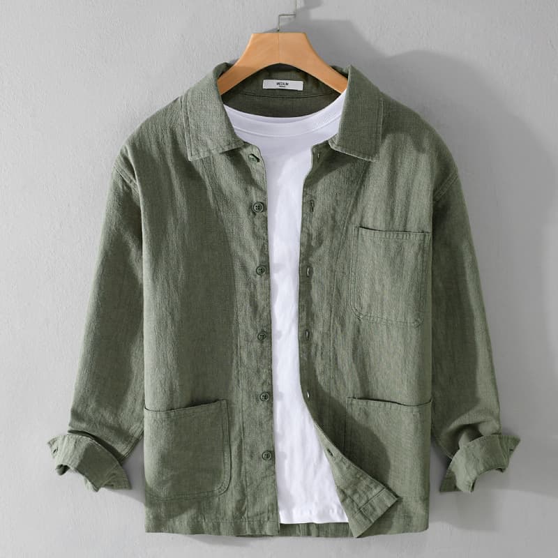 Spring and Autumn Simple and Versatile Ramie Men's Long-Sleeved Shirt Casual Loose Men's Pure Color Youth Shirt 9796
