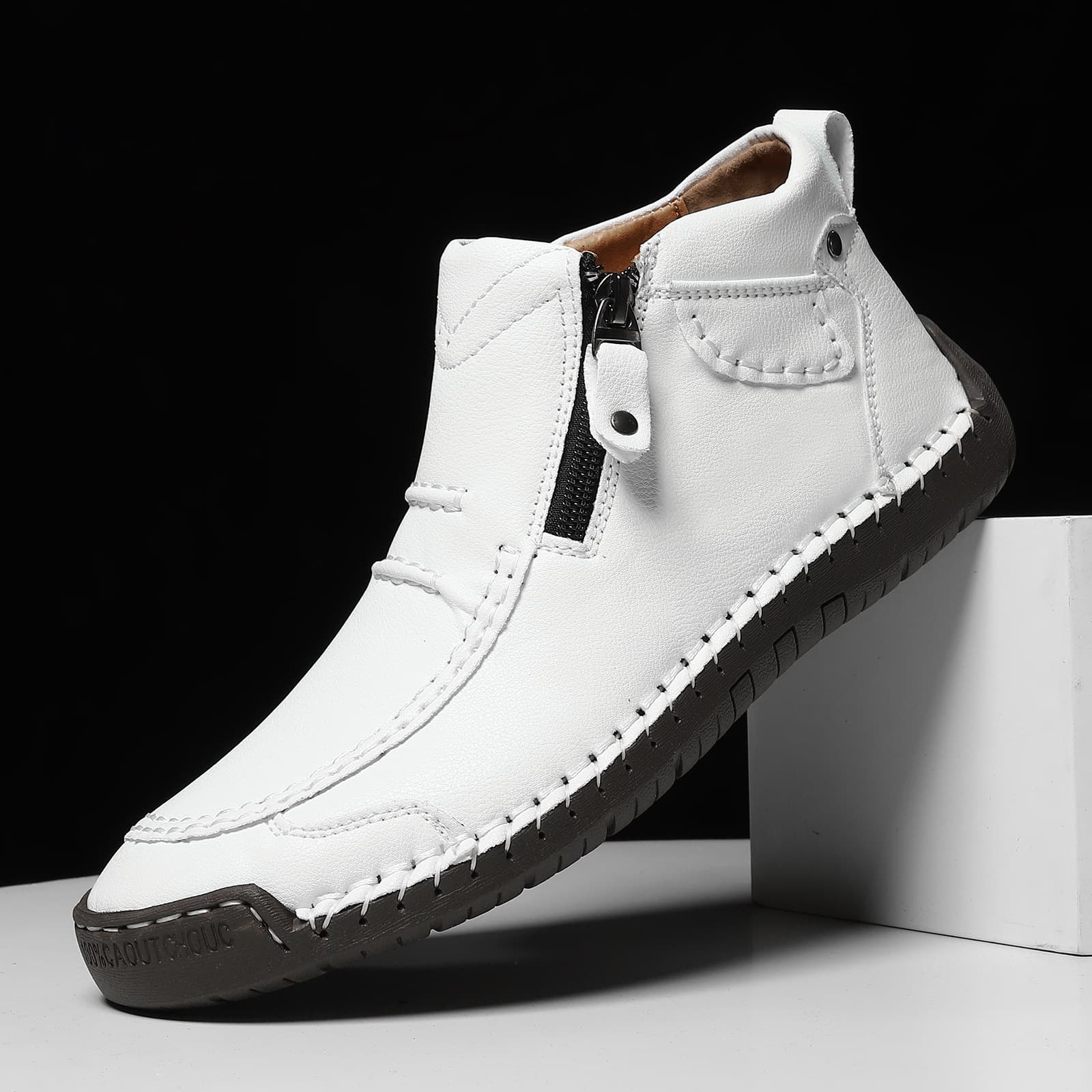 Cross-Border Popular Large Size Men's Shoes, Outdoor Casual Shoes, Slip-On Flat-Soled Hand-Stitched Shoes, Zipper Boots, Short Boots