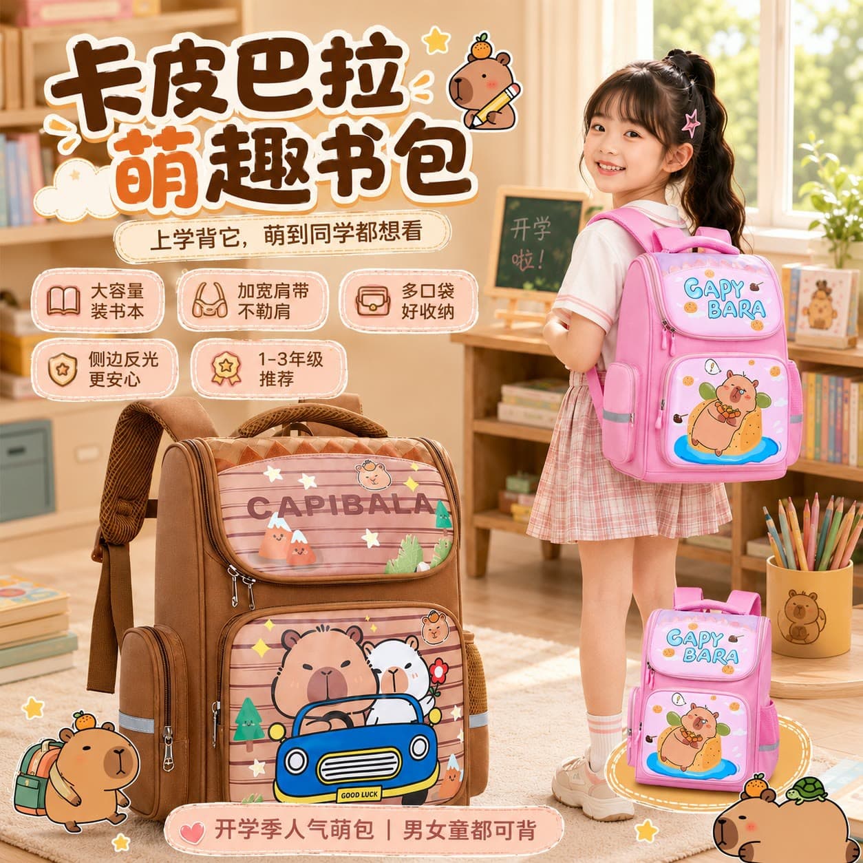 New Capybara Large-Capacity Spine-Protecting and Load-Reducing School Bag for Primary School Students, Boys and Girls, Grades 1-6, Children's Backpack Wholesale