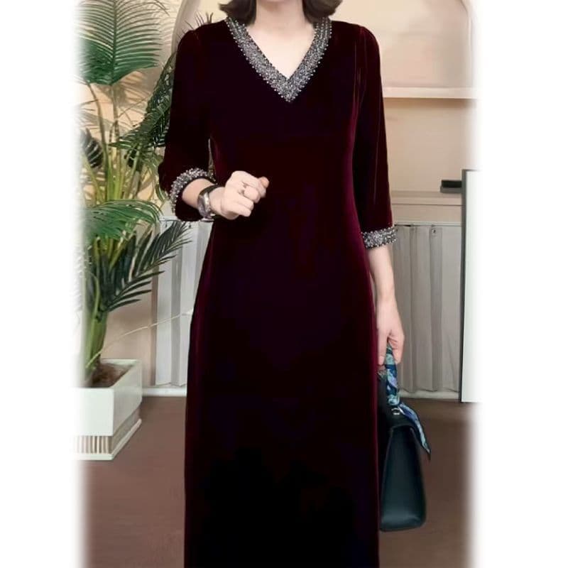 Dress 2025 New Spring/Fall Trendy Hot Style Light Luxury High-End Slimming Stretchy Mother's Premium Velvet Dress