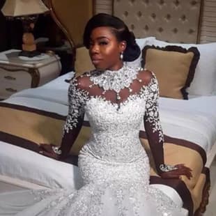 AliExpress New Export Wedding Dress Cross-Border African Lace Mermaid Long Sleeve Rhinestone Wedding Dress Bride Main Wedding Gown