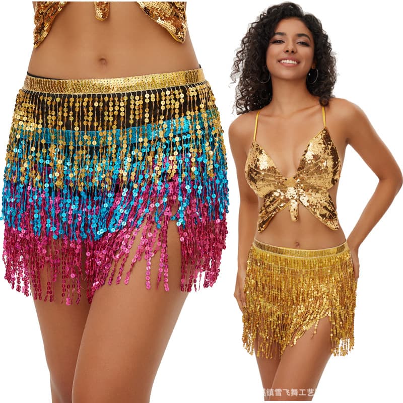 Halloween New Belly Dance Sequin Waist Chain 4-Layer Bead Sequin Dance Performance Hip Scarf Fringe Waist Belt