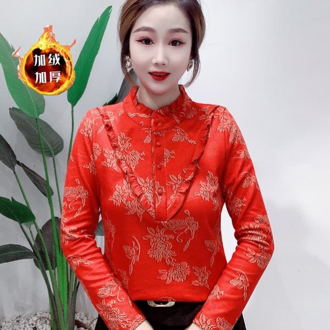 Mingpin 790 Autumn/Winter Fashion Fleece Lined Long Sleeve Base Top Elegant Inner Layer Slimming Stylish Top Versatile Autumn/Winter Wear