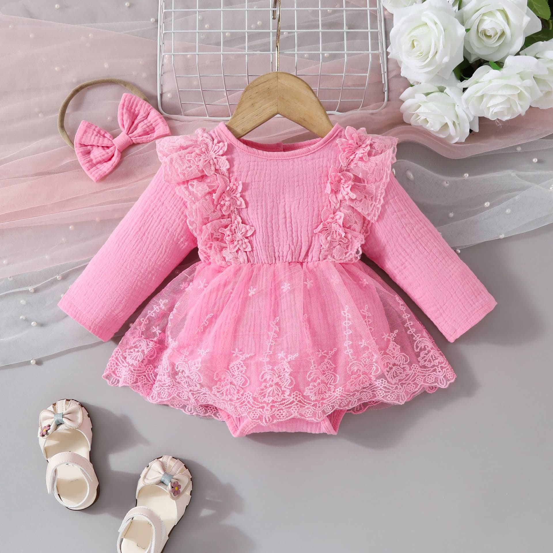 Baby lace crepe de chine fabric long-sleeved triangle khaki mesh skirt sweet baby flower one-piece khaki dress