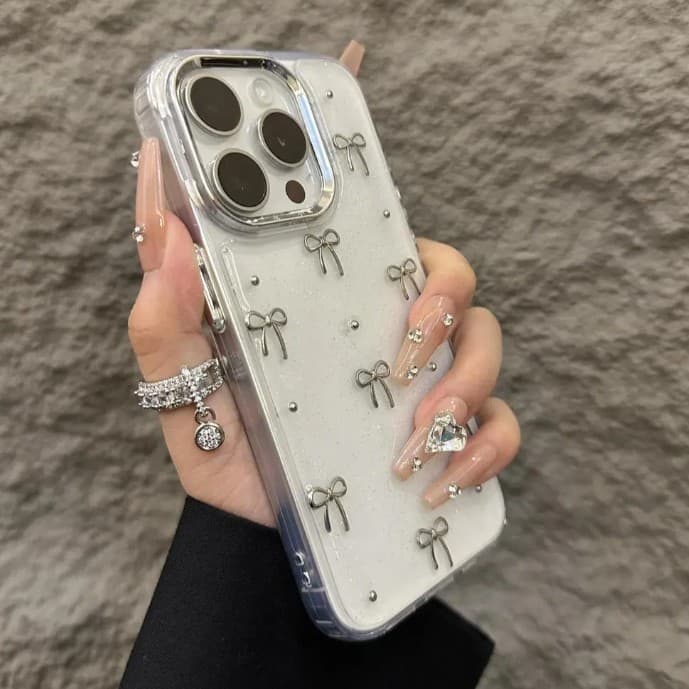 Cute Girl Drip Glue Bow Phone Case for Apple iPhone 17/16 Phone Protective Cover Electroplated Shell