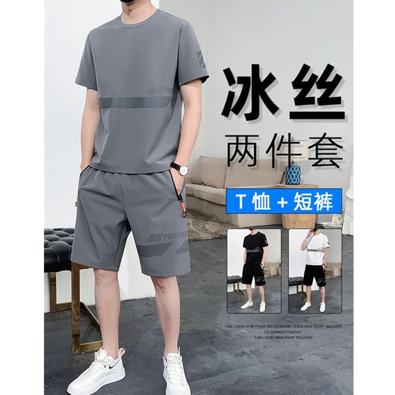 Ice Silk Men's Summer Casual Sportswear Thin Short Sleeve T-Shirt Loose Fit Quick Dry Shorts Fashionable Urban Style Male Set