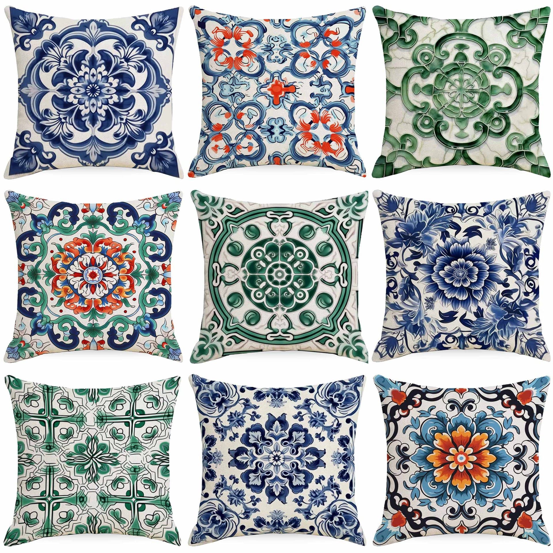Ethnic Blue and White Porcelain Print Vintage Throw Pillow Cover for Hotel Sofa Linen Pillow Cover Without Insert Factory Wholesale