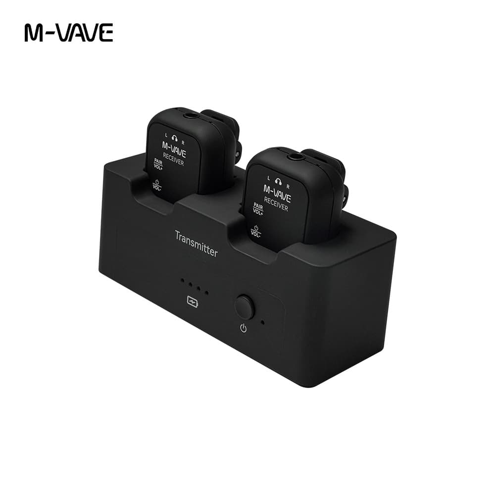 Wireless audio transmitter and receiver, portable wireless monitoring ear monitor with charging case, one-to-two