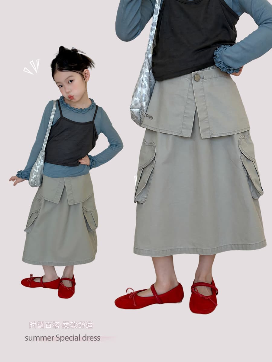 Aimo Beibei Girls' Designer Mid-Length Faux Two-Piece Skirt with Layered Flap, 3D Heart Pockets, Cargo Style