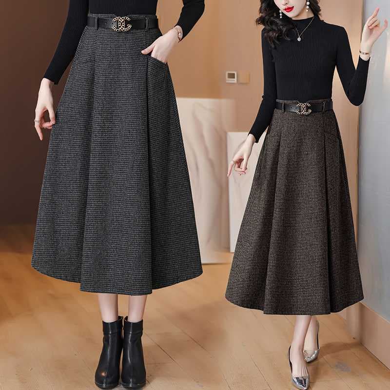 Real shot: New autumn/winter wool midi skirt, high-waisted, elegant houndstooth pattern, full skirt, thickened, A-line umbrella skirt.