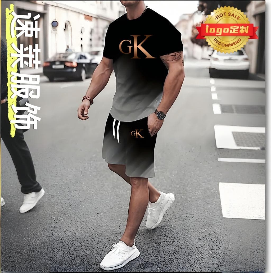 【HOT SALE】GK men's gradient sports suit | black and white gradient short-sleeved T-shirt and shorts two-piece set
