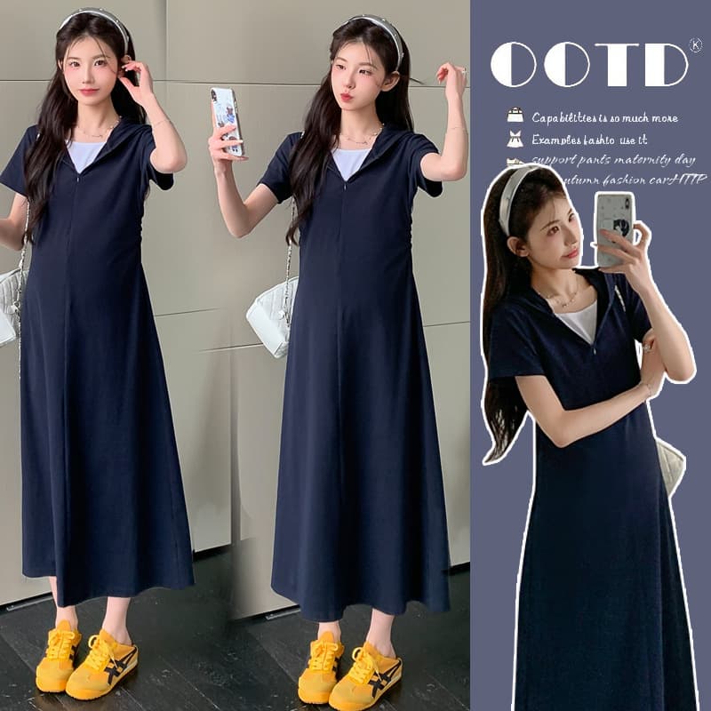 2026 Popular Summer Maternity Dress with Fake Two-Piece Design, Hooded, Waist-Cinched, Casual Everyday Lazy Maternity Dress