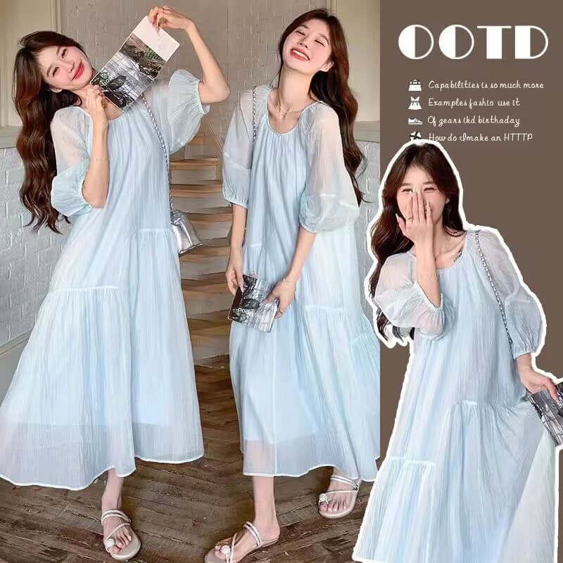 White-blue Tencel Maternity Dress 2026 New Summer French Sweet Gentle Style Long Maternity Dress