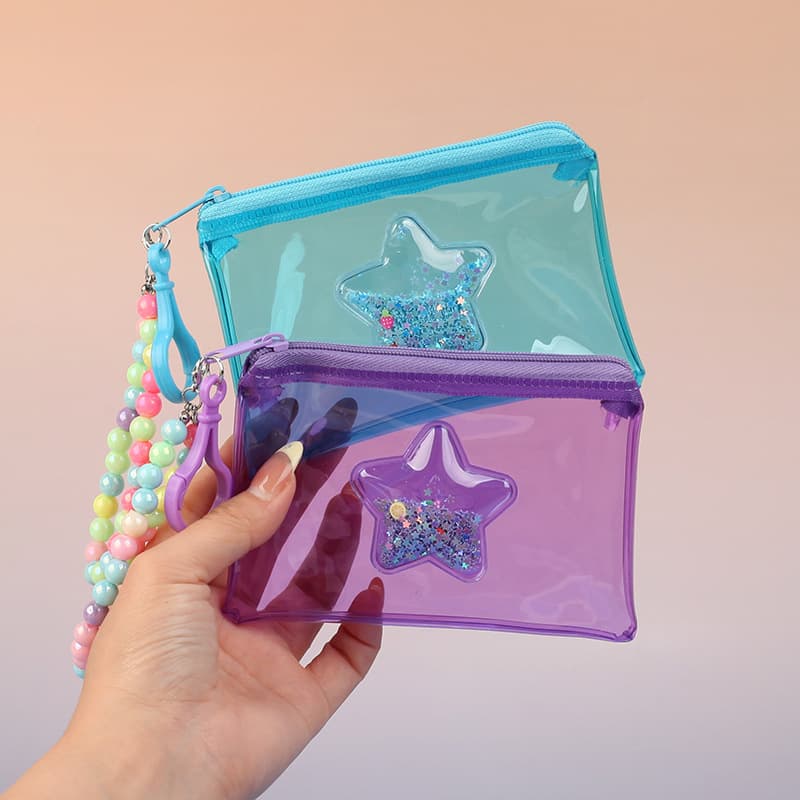 Stylish Star PVC Sand-colored Transparent Coin Purse Card Holder Lipstick Case Earphone Bag Zipper Small Money Wallet Wall Decor