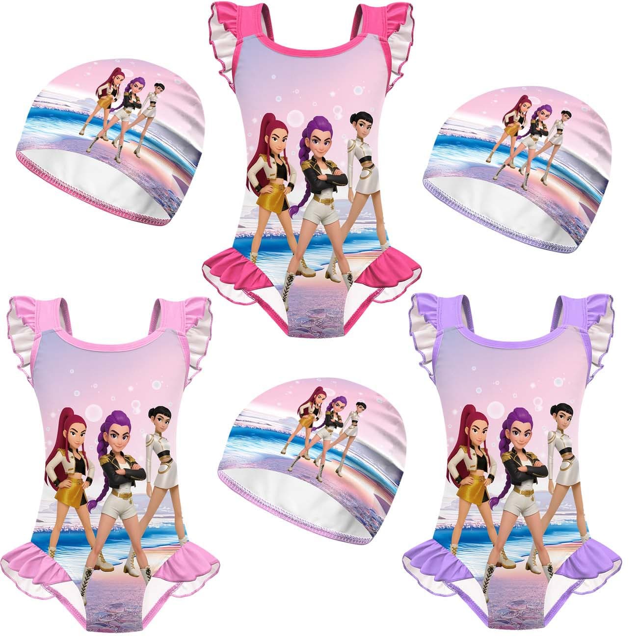 New children's swimsuit cosplay witcher group print girls one-piece lace swimsuit set 20826