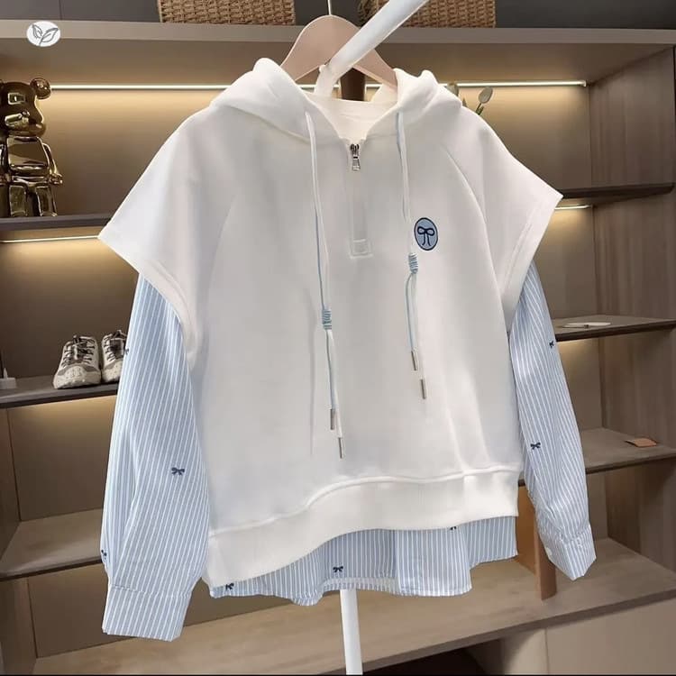 Girls' Hoodie 2025 Fall New Style Faux Two-Piece Striped Hooded Sweatshirt for Middle and Older Children, Long-Sleeve Top for Spring and Autumn