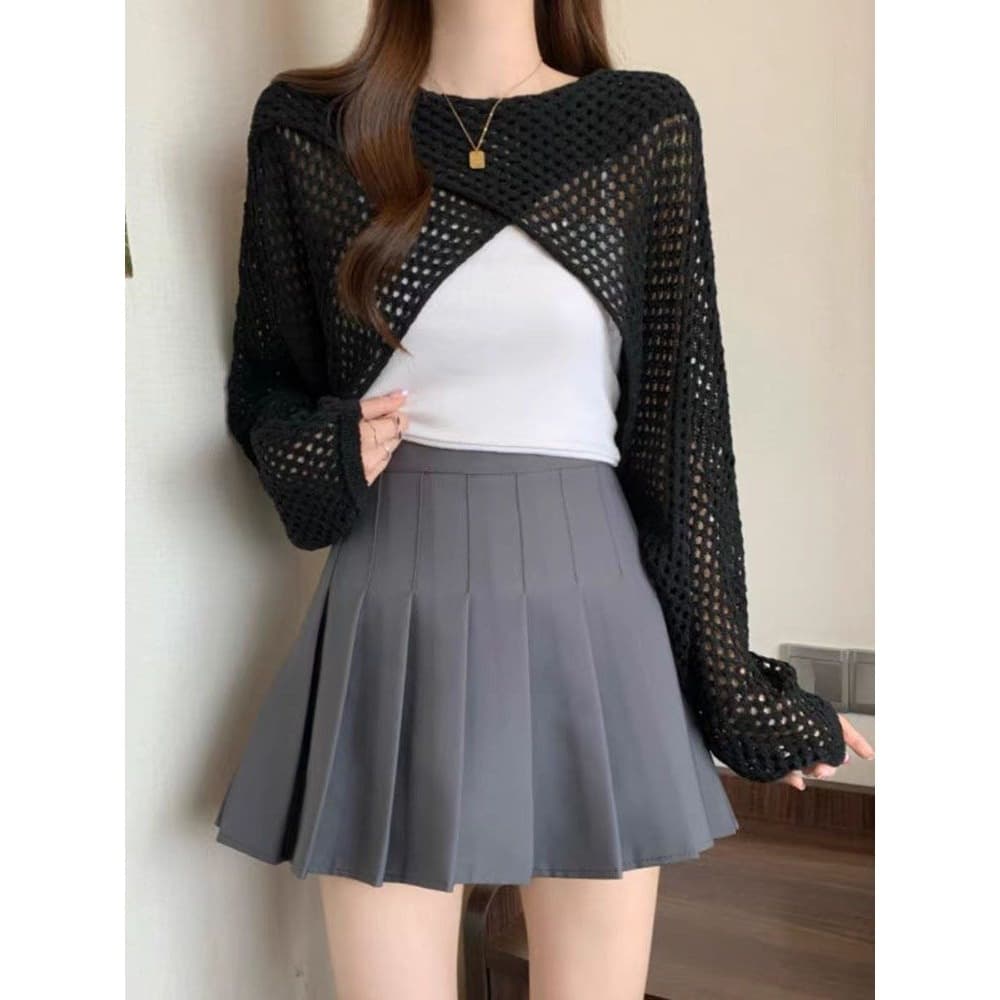 Korean Irregular Hollow Cross Wrap Knit Cardigan for Women Summer New Mesh Cover-Up Loose Fitting Slimming Outerwear Top